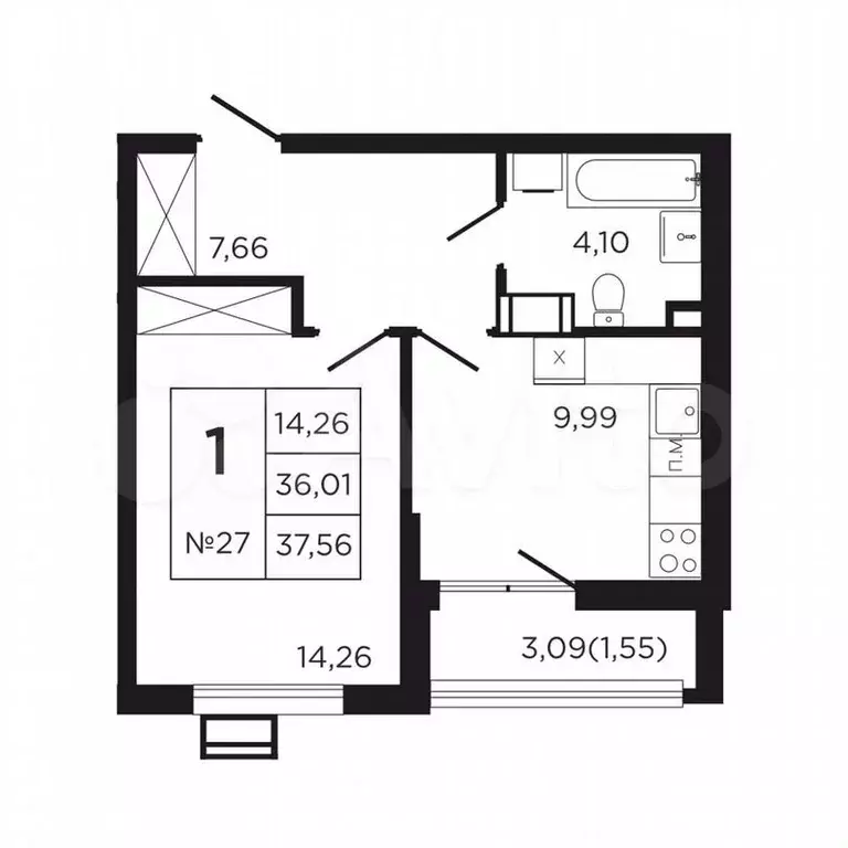 1-к. квартира, 39,1м, 3/9эт. - Фото 0