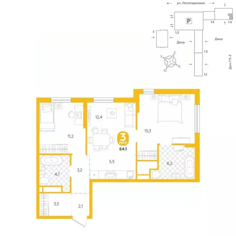 3-к кв. Тюменская область, Тюмень ул. Лесопарковая, 22 (64.1 м) - Фото 0