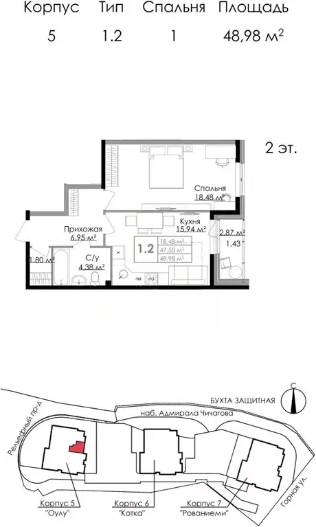 1-к кв. Ленинградская область, Выборг наб. Адмирала Чичагова, 6 (48.7 ... - Фото 1