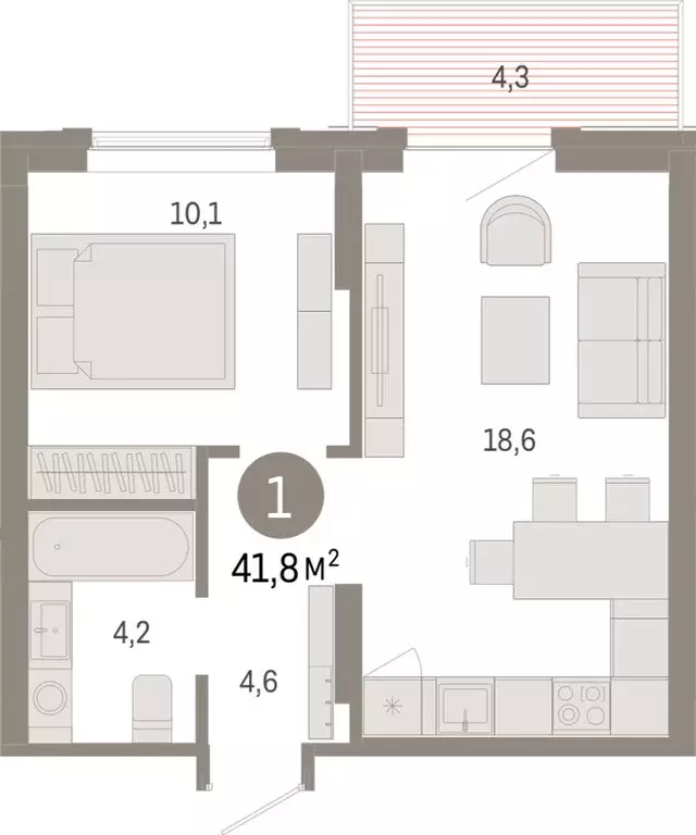 1-комнатная квартира: Омск, Кировский округ (41.76 м) - Фото 1