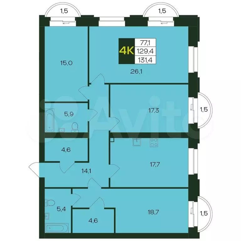 4-к. квартира, 131,4 м, 7/9 эт. - Фото 0