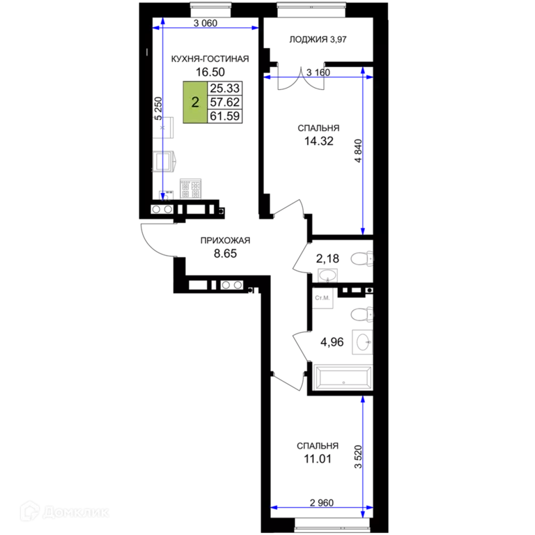 Продаётся 2-к квартира, 61.59 м - Фото 0