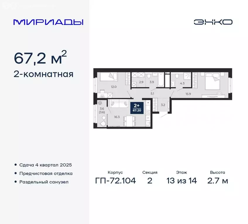 2-комнатная квартира: Тюмень, ЖК Мириады (67.2 м) - Фото 0