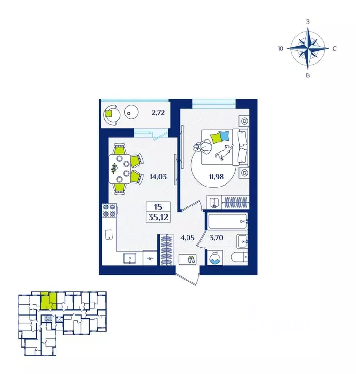 1-к кв. Калининградская область, Зеленоградск  (35.12 м) - Фото 1