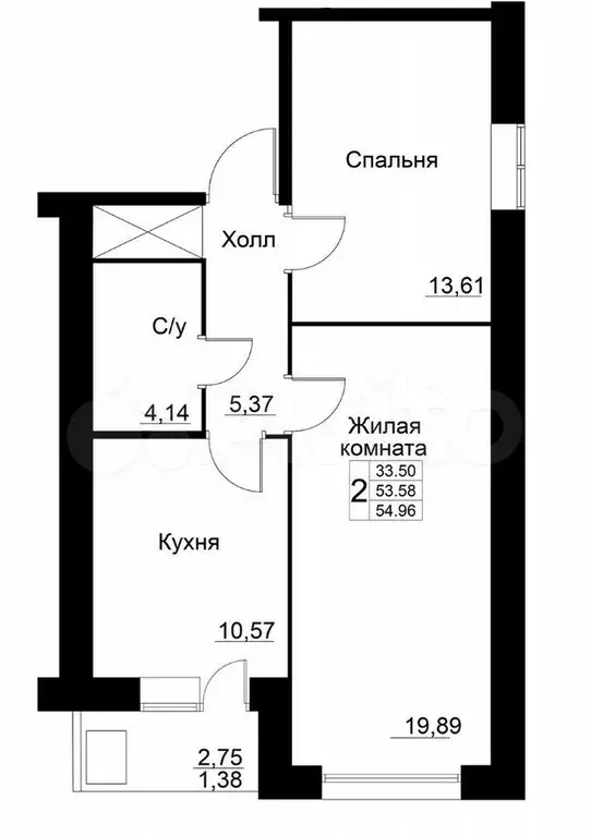 2-к. квартира, 55 м, 7/9 эт. - Фото 1