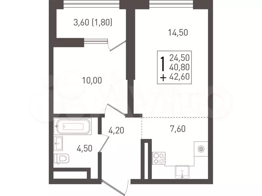 1-к. квартира, 42,6 м, 6/8 эт. - Фото 0