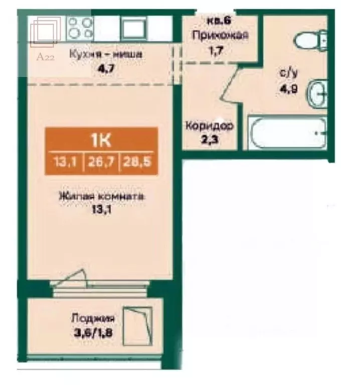 Студия Алтайский край, Барнаул Власихинская ул., 212 (28.5 м) - Фото 1