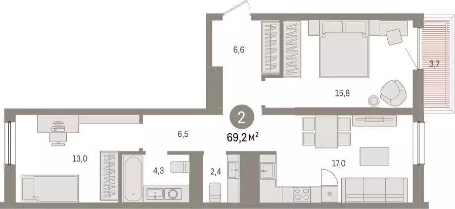 2-комнатная квартира: Тюмень, Мысовская улица, 26к1 (69.23 м) - Фото 1
