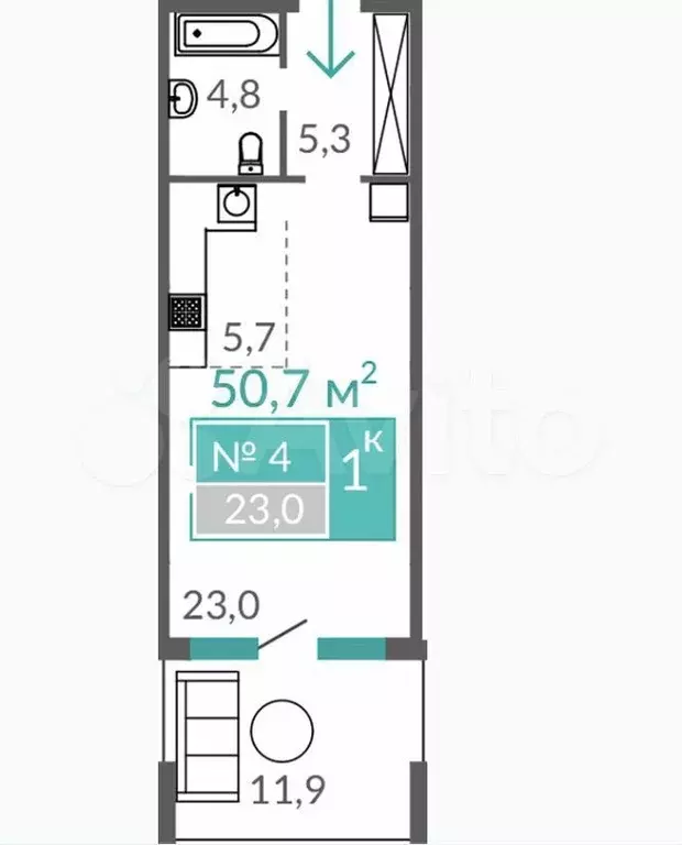 1-к. апартаменты, 50,7 м, 1/7 эт. - Фото 1