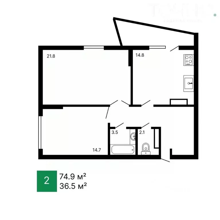 2-к кв. Пензенская область, Пенза ул. Богданова, 14 (74.9 м) - Фото 2