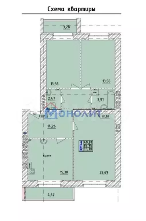 3-к. квартира, 93,7 м, 4/5 эт. - Фото 0