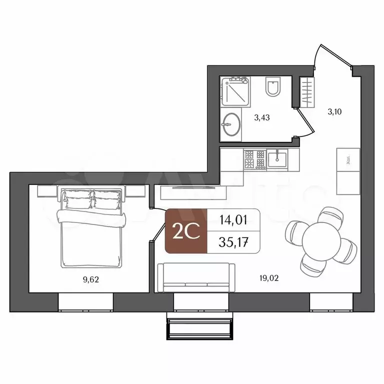 2-к. квартира, 35,1 м, 16/21 эт. - Фото 1
