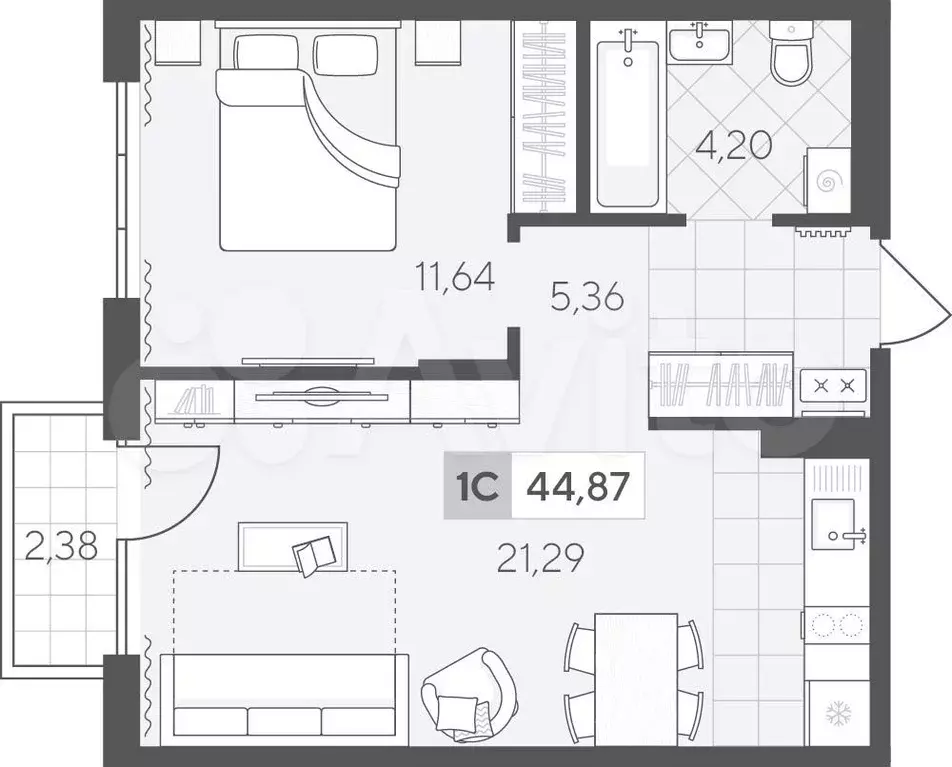 1-к. квартира, 44,9 м, 2/4 эт. - Фото 0