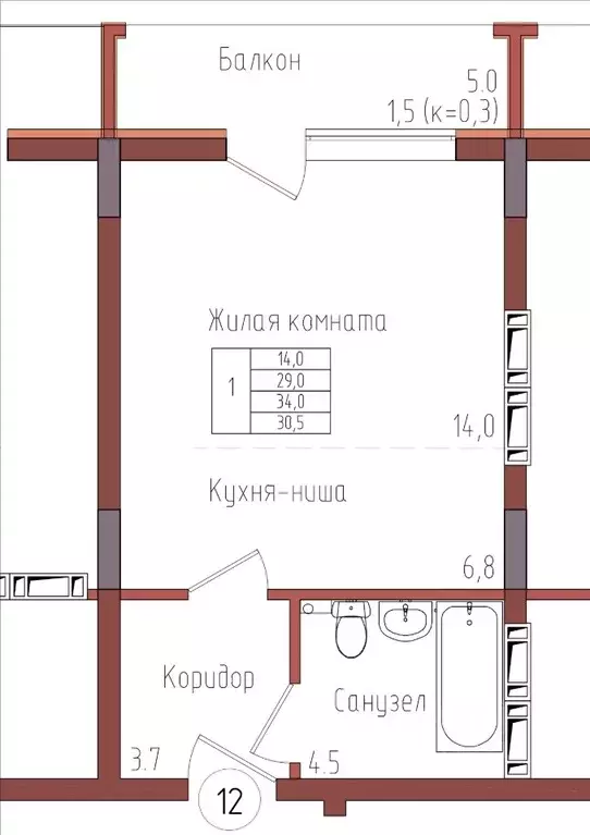 1-к кв. Калининградская область, Калининград ул. Дубовая Аллея (30.5 ... - Фото 0