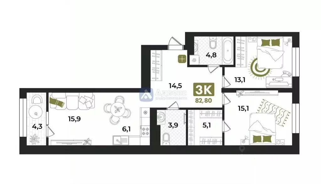 3-к кв. Тюменская область, Тюмень ул. Евгения Войнова, 7 (82.8 м) - Фото 1