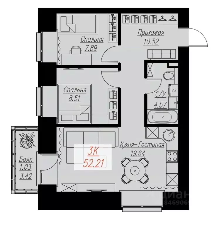 2-к кв. Красноярский край, Красноярск Семафорная ул., 441а (52.21 м) - Фото 0