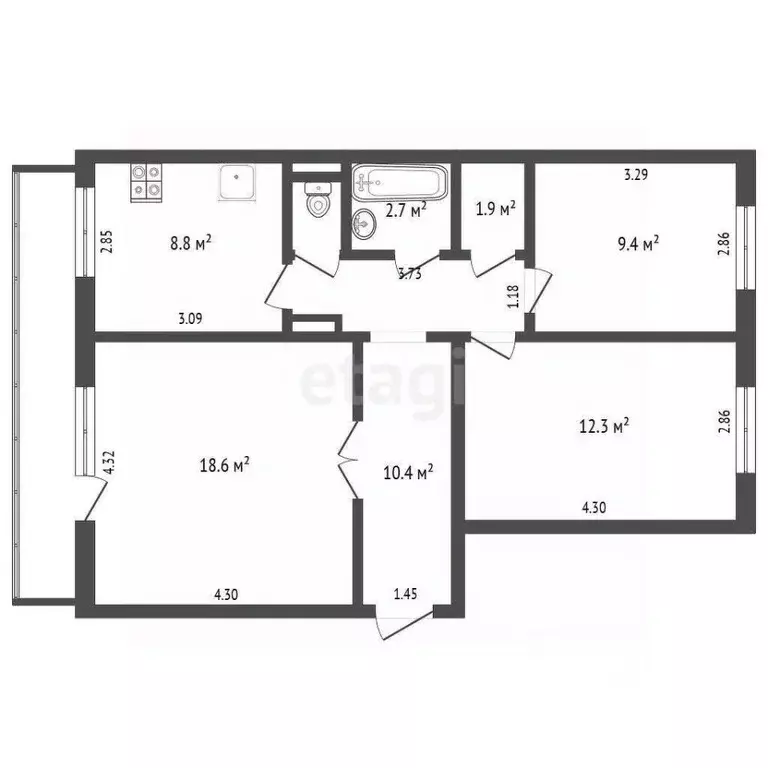 3-к кв. Кемеровская область, Новокузнецк просп. Мира, 6 (65.2 м) - Фото 2