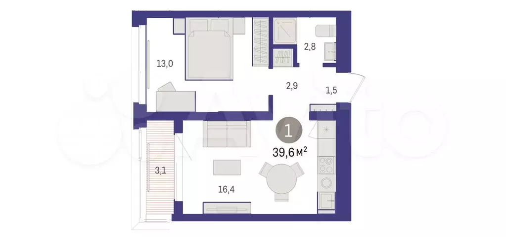 1-к. квартира, 39,6 м, 4/7 эт. - Фото 1