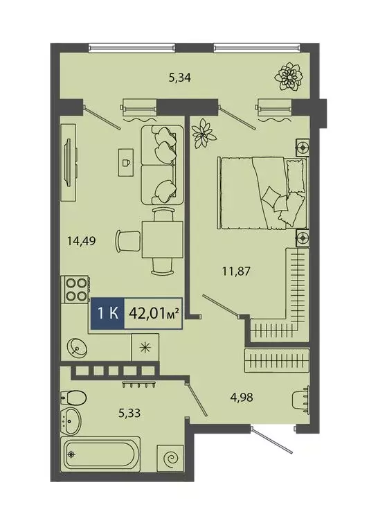 1-комнатная квартира: Тюмень, улица Владимира Соболевского, 3 (42.01 ... - Фото 1