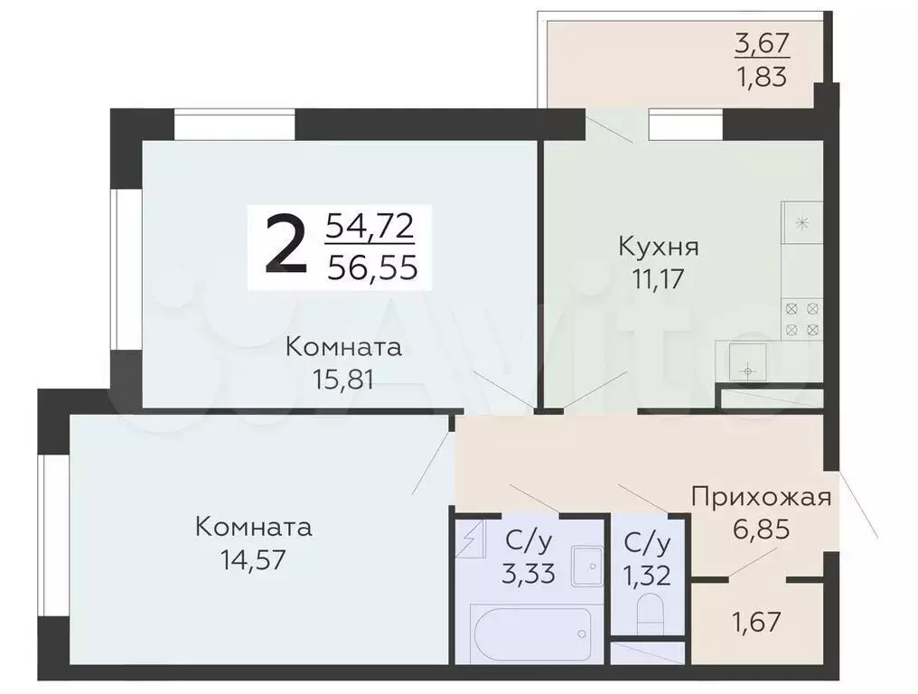 2-к. квартира, 56,6 м, 5/20 эт. - Фото 0