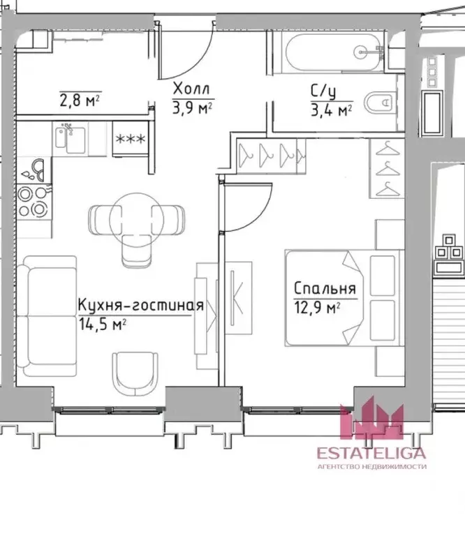 Квартира, 1 комната, 37.7 м - Фото 1