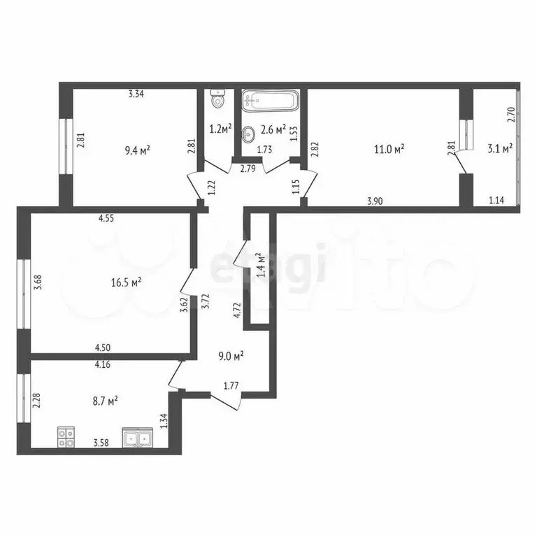 3-к. квартира, 60,1 м, 2/9 эт. - Фото 0