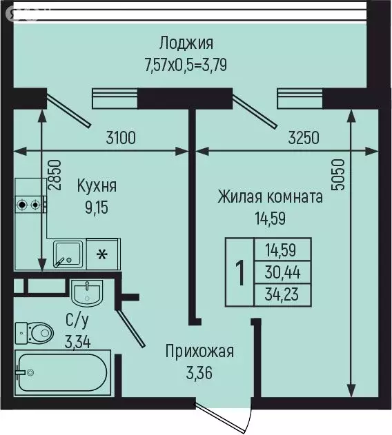 1-комнатная квартира: село Небуг, квартал Спортивный (34.23 м) - Фото 0