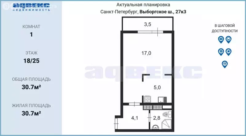 Квартира-студия: Санкт-Петербург, Выборгское шоссе, 27к3 (30.7 м) - Фото 1