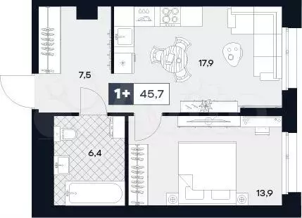 1-к. квартира, 45,7 м, 2/29 эт. - Фото 0