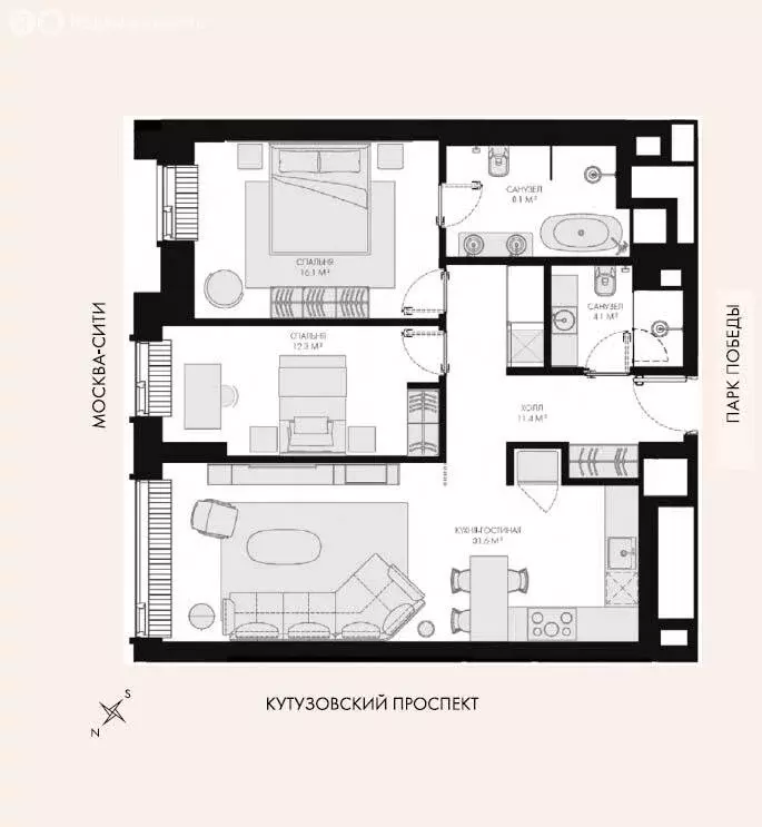 3-комнатная квартира: Москва, Поклонная улица, 9 (83.6 м) - Фото 0