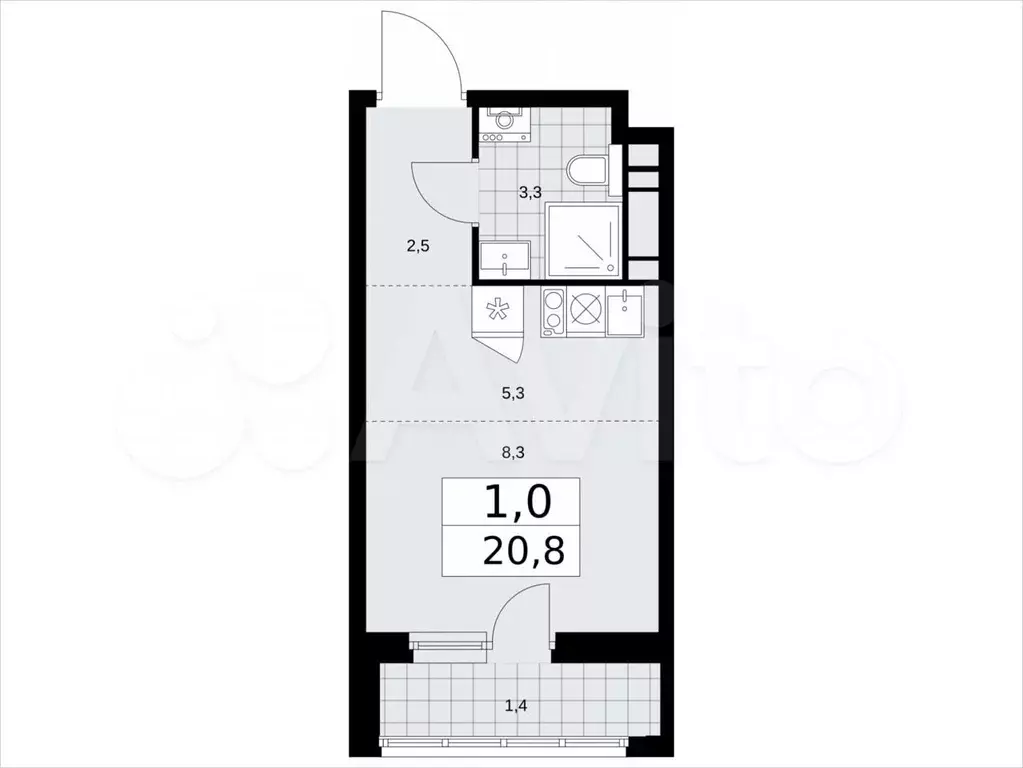 Квартира-студия, 20,8м, 11/14эт. - Фото 1