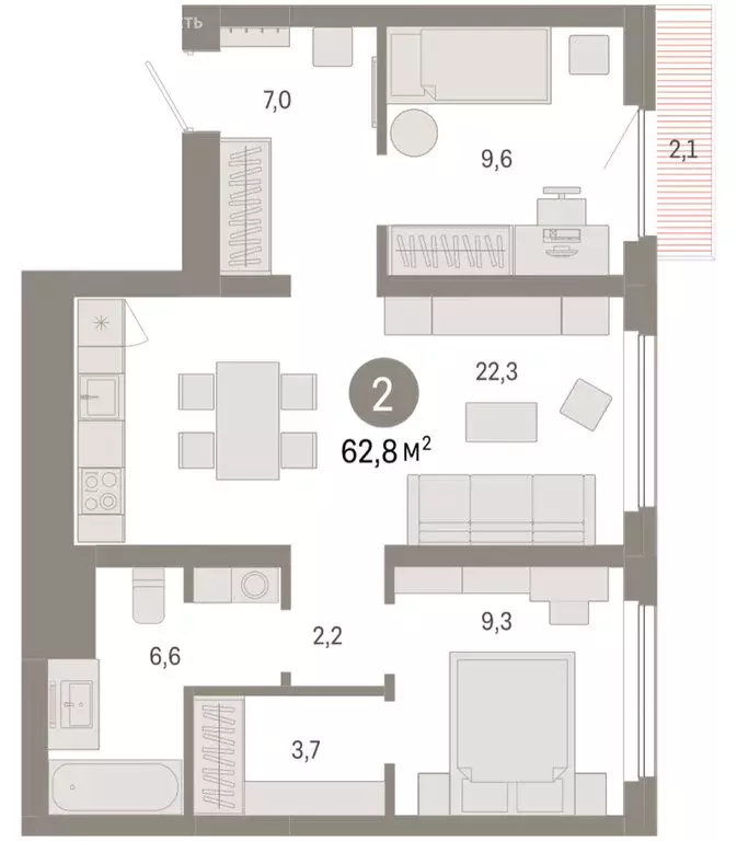 2-комнатная квартира: Новосибирск, квартал Лебедевский (62.8 м) - Фото 1