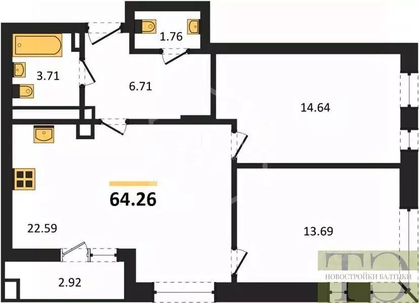 2-к кв. Калининградская область, Калининград Батальная ул., 65Б (64.26 ... - Фото 0