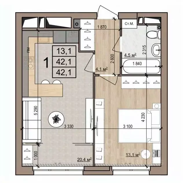 1-к кв. Рязанская область, Рязань ул. Новоселов, 33Б (42.1 м) - Фото 1