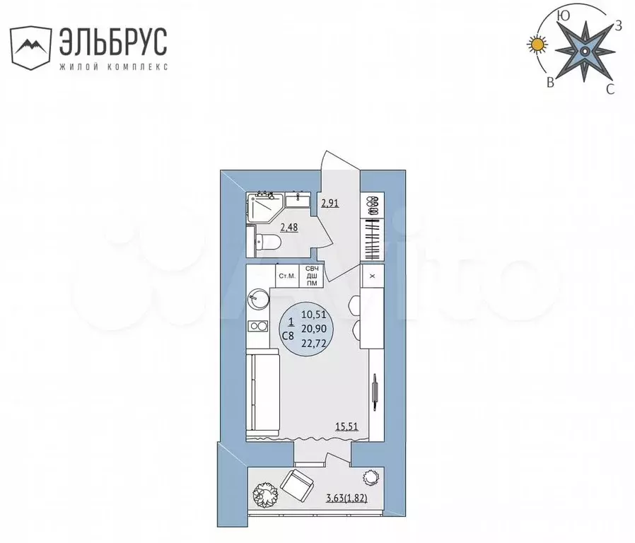 Квартира-студия, 22,7 м, 12/20 эт. - Фото 0