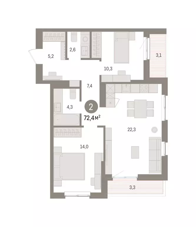 2-комнатная квартира: Пермь, микрорайон Крохалева (72.42 м) - Фото 2