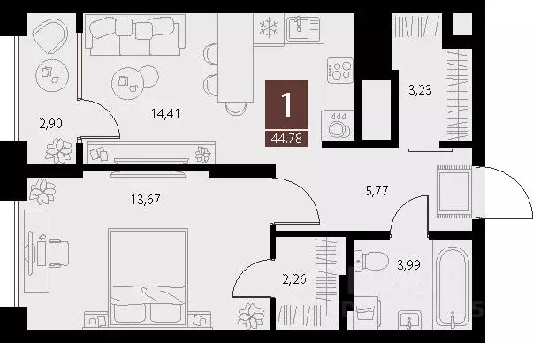 1-к кв. Рязанская область, Рязань ул. Бирюзова, 20с1 (44.78 м) - Фото 1