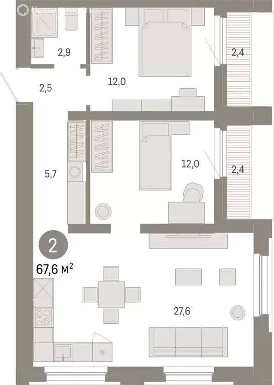 2-комнатная квартира: Тюмень, Мысовская улица, 26к2 (67.55 м) - Фото 1