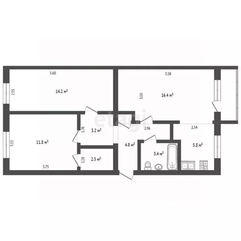 3-к кв. Вологодская область, Вологда ул. Космонавта Беляева, 10 (63.0 ... - Фото 2