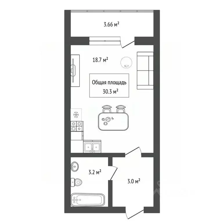 Студия Новосибирская область, Бердск ул. Белокаменная, 75 (30.3 м) - Фото 2