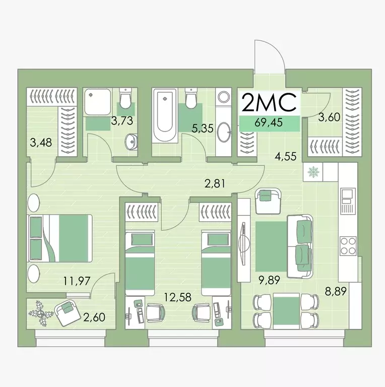Продаётся 2-к квартира, 69.45 м - Фото 0