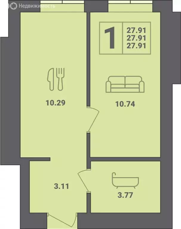 1-комнатная квартира: Пионерский, улица Гептнера, 17 (27.91 м) - Фото 0