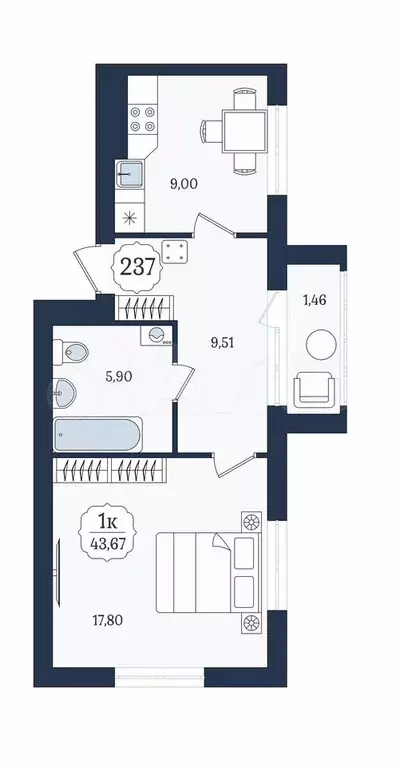 1-к. квартира, 43,7 м, 3/9 эт. - Фото 1