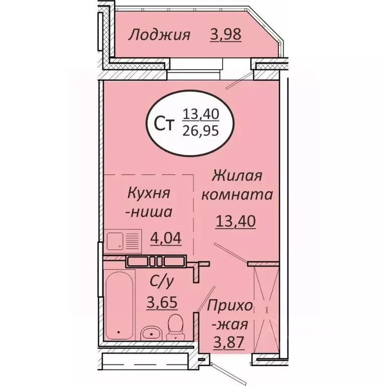Студия Новосибирская область, Новосибирск  (26.95 м) - Фото 0