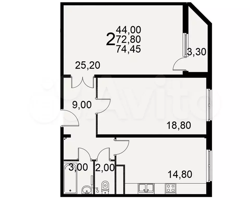 2-к. квартира, 74,5 м, 14/15 эт. - Фото 0
