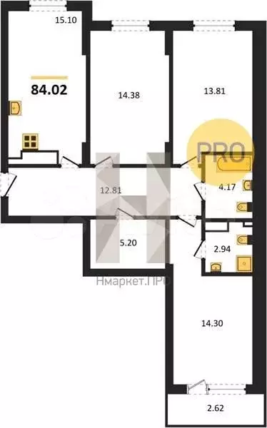 3-к. квартира, 84 м, 1/9 эт. - Фото 1