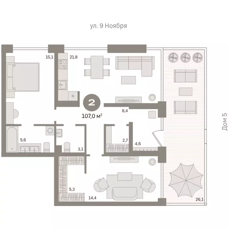 2-комнатная квартира: Новосибирск, улица Декабристов, 107к1 (107.2 м) - Фото 1