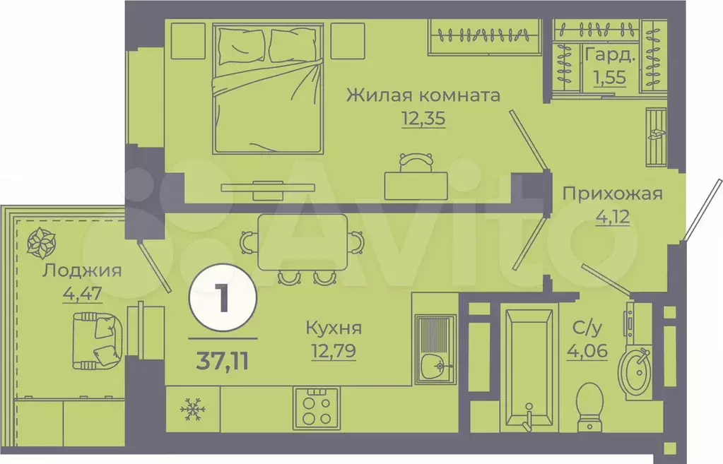 1-к. квартира, 37,3 м, 4/24 эт. - Фото 1