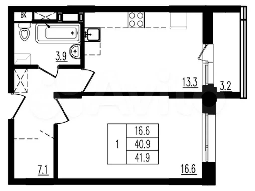 1-к. квартира, 41,9 м, 2/9 эт. - Фото 0