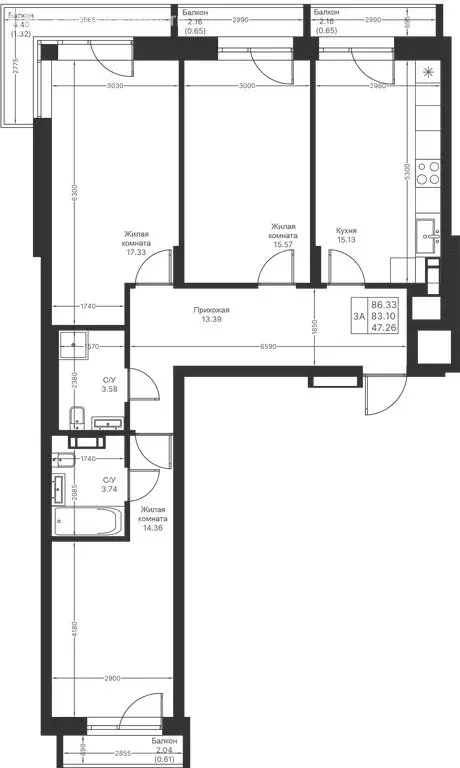 3-комнатная квартира: Казань, ЖК Мой Ритм (86.33 м) - Фото 2